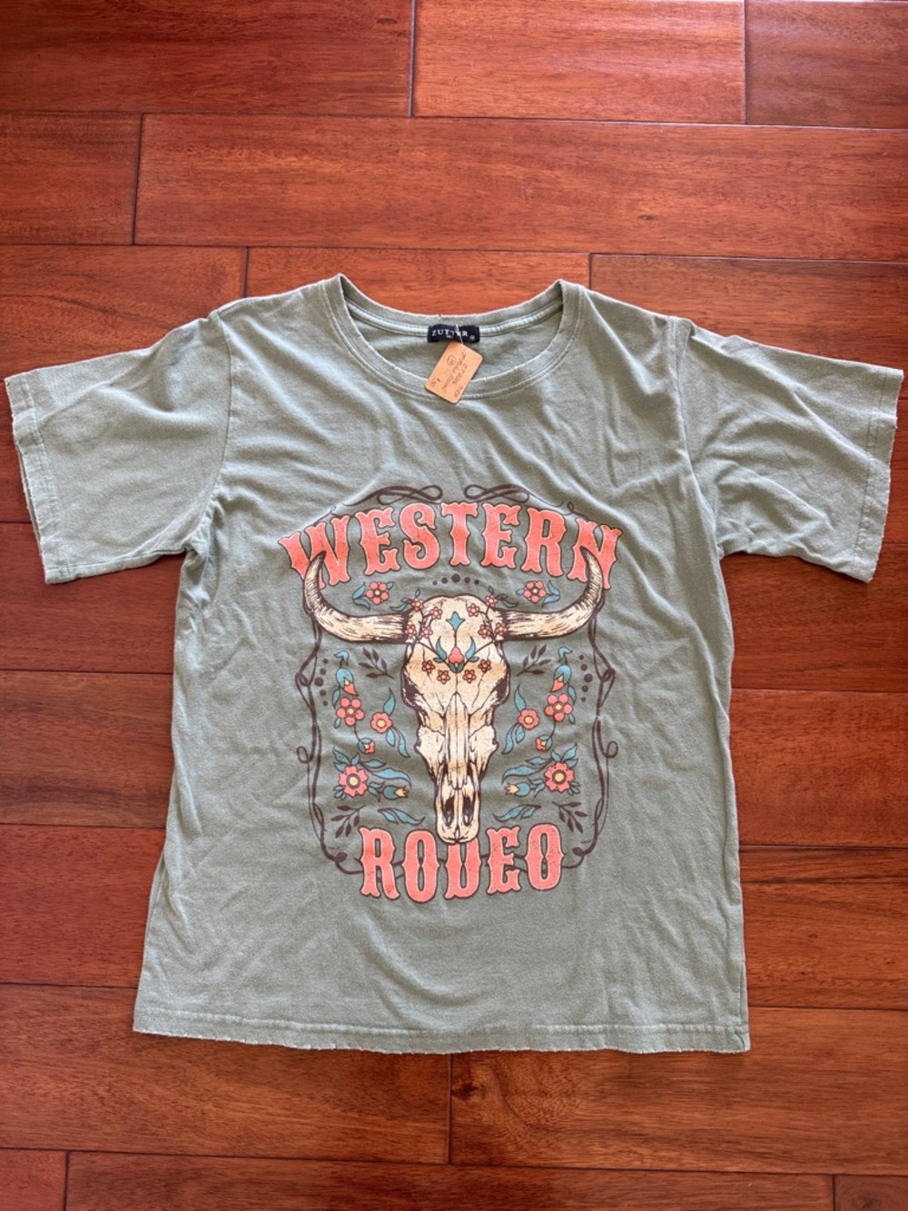 NWT Zutter Distressed Western Rodeo Graphic Tee - Sage Green with Coral Print